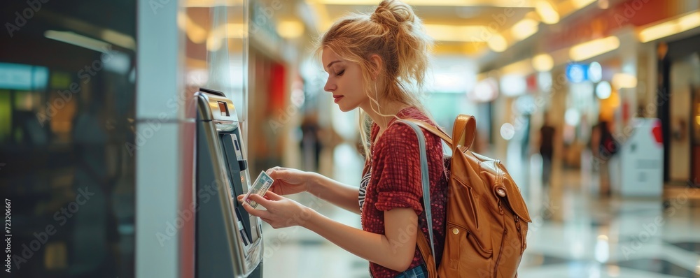 Happy young woman withdrawing cash from ATM machine inside the mall.