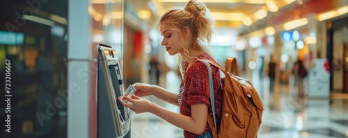 Obraz na płótnie Happy young woman withdrawing cash from ATM machine inside the mall. w salonie