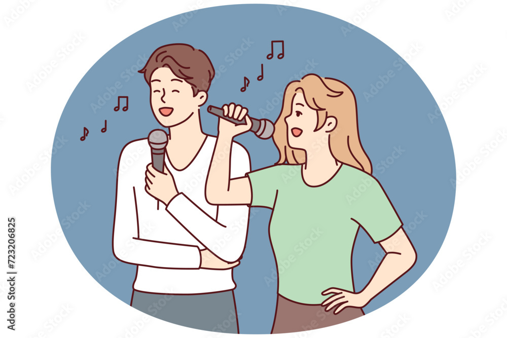 Man and woman with microphones perform song while enjoying karaoke break on day off. Couple of guy and girl dream of becoming famous singers, train performance of famous songs. Flat vector image Man and woman with microphones perform song while enjoying karaoke break on day off. Couple of guy and girl dream of becoming famous singers, train performance of famous songs. Flat vector image