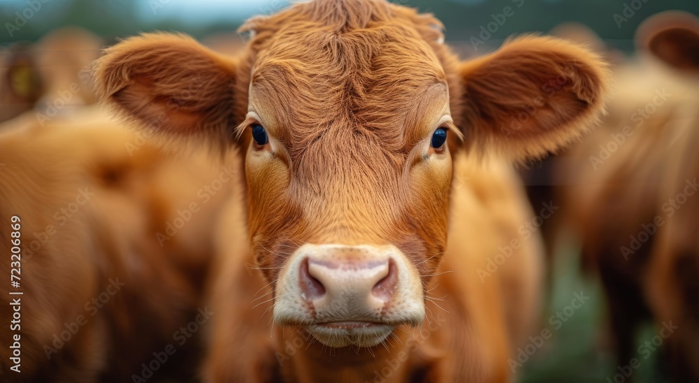 A majestic dairy cow stands proudly in a lush green field, her brown coat glistening in the sun as she gazes intently at the viewer with her large, curious snout, embodying the essence of a gentle an A majestic dairy cow stands proudly in a lush green field, her brown coat glistening in the sun as she gazes intently at the viewer with her large, curious snout, embodying the essence of a gentle an