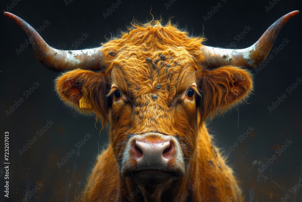 Mesmerizing bovine beauty captured in a stunning close-up of a majestic cow, showcasing its powerful horns and tranquil outdoor setting
