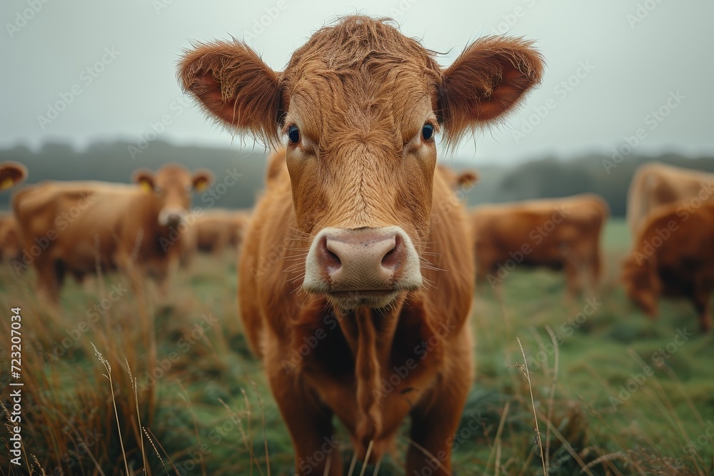 Amidst the vast expanse of green grass and open sky, a majestic brown dairy cow stands tall, embodying the serene beauty of a peaceful farm life Amidst the vast expanse of green grass and open sky, a majestic brown dairy cow stands tall, embodying the serene beauty of a peaceful farm life