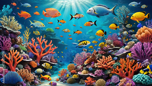 Underwater scene. Coral reef, colorful fish groups and sunny sky shining through blue clean ocean water. Generative AI