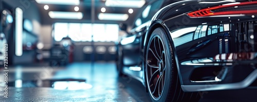 Capturing the sleek design and advanced technology of a luxury concept car, this close up highlights the details of a parked vehicle's alloy wheel and synthetic rubber tire at an indoor auto show.