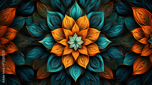 Abstract colorful mandala on a dark background,, Vibrant mandala art with dark turquoise and light amber hues 
