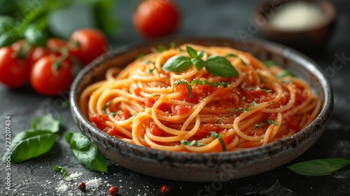 Spaghetti with tomato sauce well decorated food photo