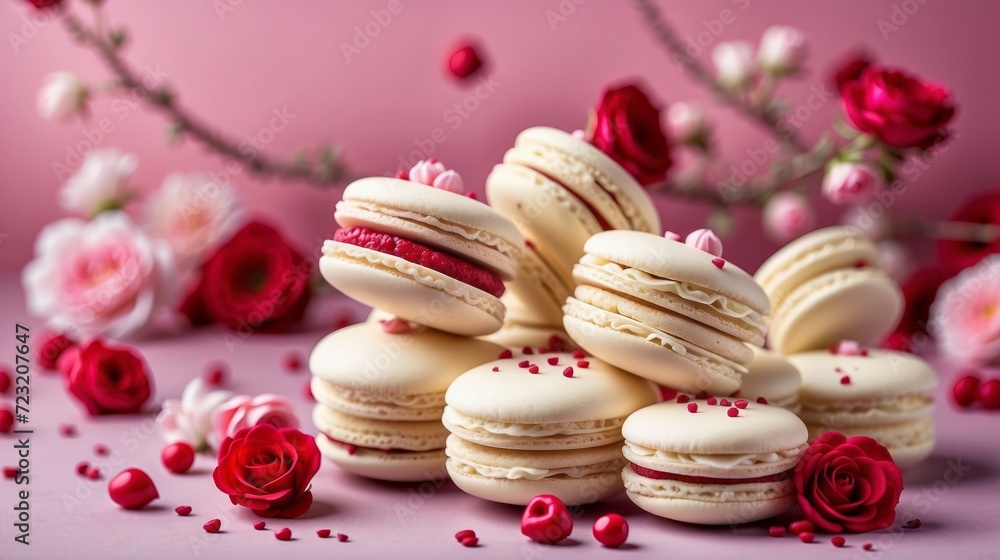 Delicious macarons with romantic background with roses, Happy Valentine Day background, Anniversary, Wedding, Proposal, birthday background with space for text 19:6