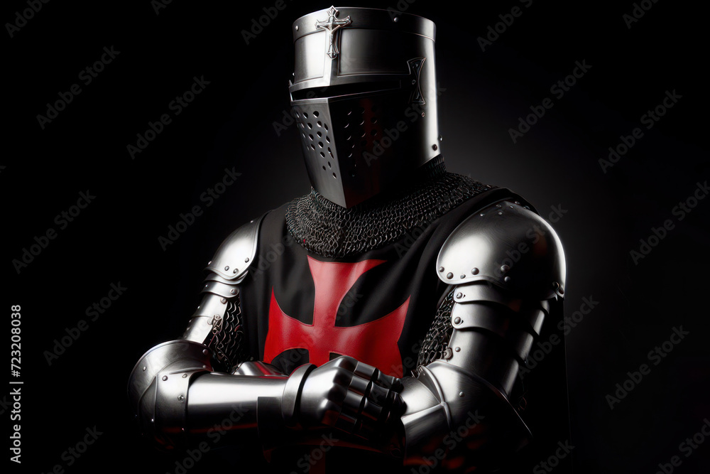 Templar knight wearing an armor with a red christian cross on it ...