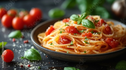 Spaghetti with tomato sauce well decorated food photo