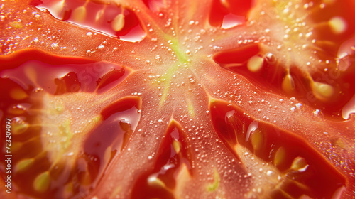 Macro shot of a juicy tomato slice with water droplets enhancing the vibrant red and intricate seed patterns, evoking freshness © olz