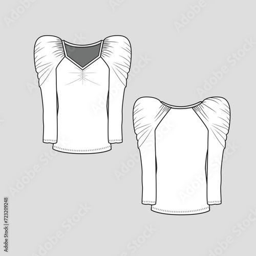 Leg of mutton sleeve top V Neck Ruched detail puff Gathering Long Sleeve fashion T shirt blouse flat sketch technical drawing template design vector