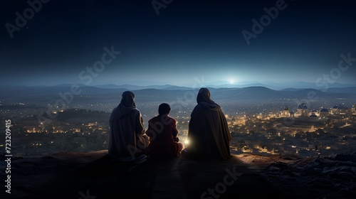 Contemplative Evening: Friends Overlooking City Lights from a Hilltop
