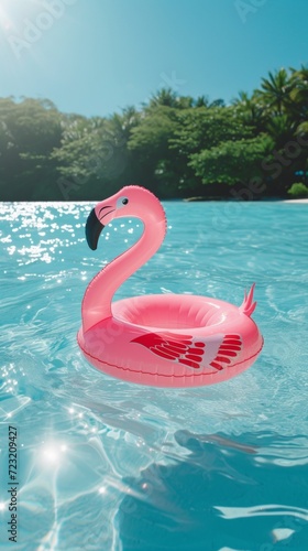 Pink Flamingo Floating on Top of a Pool photo