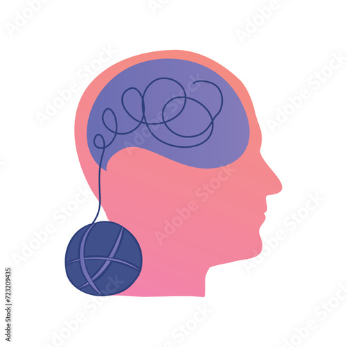 A head with confused thoughts, wrapped in a ball. Psychotherapy concept. Vector illustration