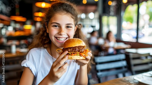 Preteen enjoying a burger in a restaurant with blurred background and space for text placement