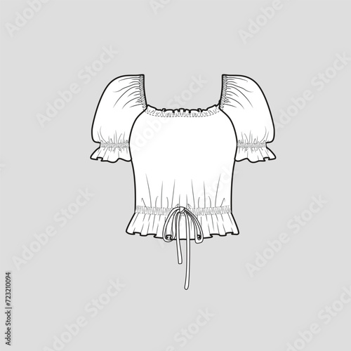 Gathering Ruched Frill Sleeve Knotted crop top Square neck Waist Knot tie ruched detail short sleeve tie up Ruffles frill Hem fashion t shirt top blouse dress flat sketch technical drawing template 