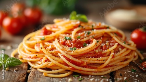 Spaghetti with tomato sauce well decorated food photo