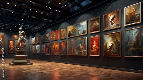 A virtual gallery with 3D sculptures surrounded by 2D oil paintings on the walls