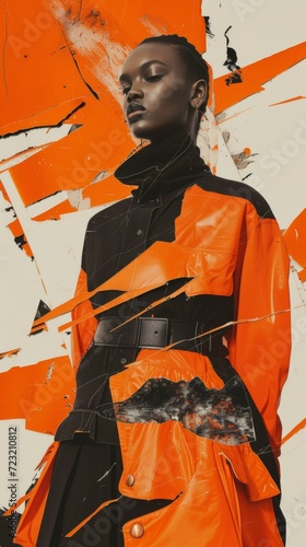 Striking Woman in Vivid Orange Jacket Posing for a Contemporary Fashion Shoot photo