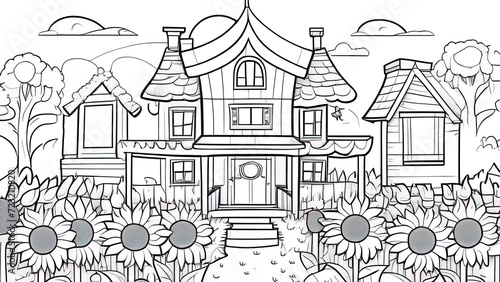 coloring book for children village house with sunflowers. Landscape.Coloring book antistress for children and adults. Illustration isolated on white background.Zen-tangle style. Hand draw