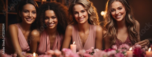 wedding party aesthetic concept. Portrait of women in identical clothes looking at the camera and smiling. banner