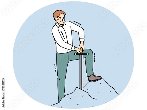 Motivated businessman extract sword from stone. Strong male employee or worker draw Excalibur from rock. Leadership and motivation. Vector illustration.