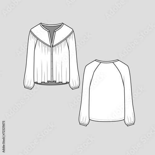 Henley full open Gathering tee front fancy detail with gathering button panel long sleeve fashion flat sketch technical drawing template design vector