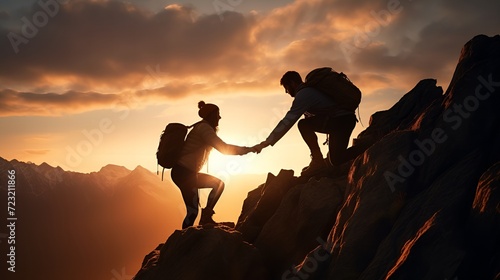 Unity at Heights: Silhouette of a Helping Hand Between Climbers