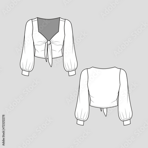 Knotted Balloon Sleeve Crop top Neck tie up gathering knot tie detail long Balloon Sleeve with cuffs cropped fashion T shirt blouse flat sketch technical drawing template design vector