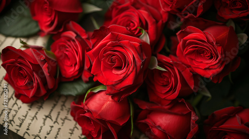 A bouquet of red roses with a handwritten love note.
