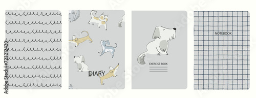 Set of cover page vector templates based on seamless patterns with doggies. Perfect for school exercise books, notebooks, kids diaries