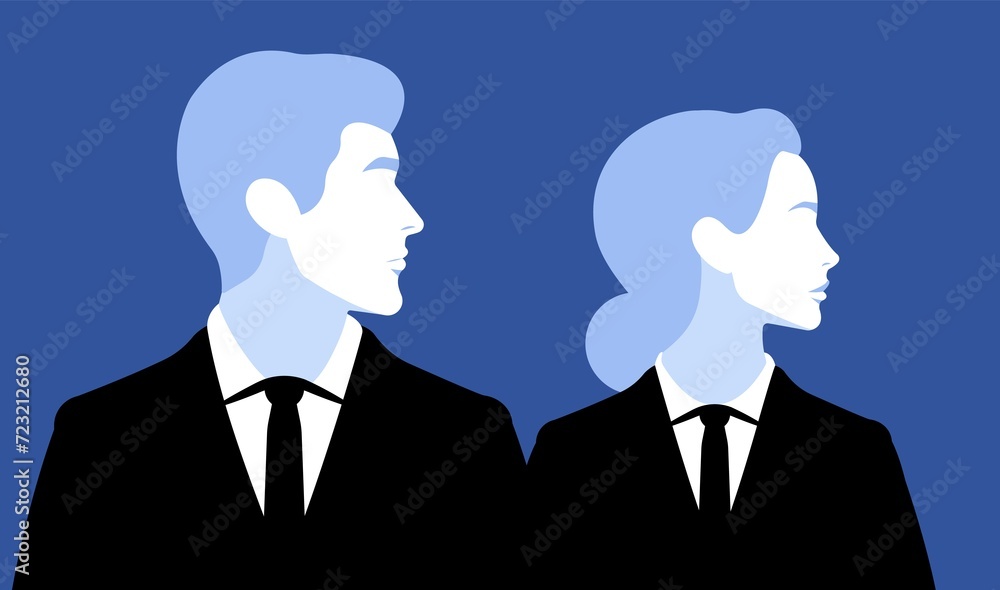 Silhouette profile portraits of a business man and woman in formal wear with ties. Professionalism and partnership in the corporate world. Social media and business magazine articles design. Silhouette profile portraits of a business man and woman in formal wear with ties. Professionalism and partnership in the corporate world. Social media and business magazine articles design.