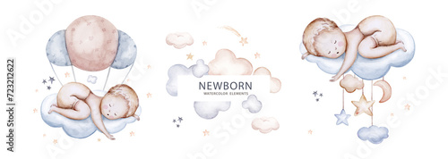 Watercolor newborn Baby Shower greeting card with babies boy. Birthday set of new born baby and pregrand women invitation. photo