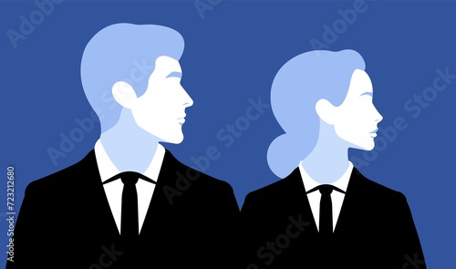 Silhouette profile portraits of a business man and woman in formal wear with ties. Professionalism and partnership in the corporate world. Social media and business magazine articles design.