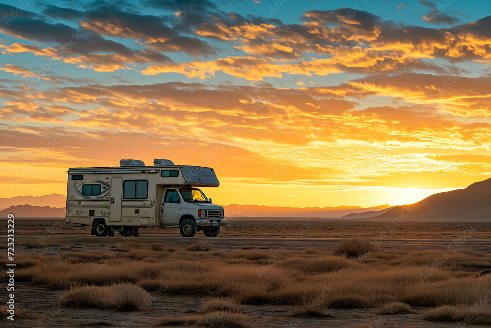 As the sun sets, painting the sky with fiery hues, a solitary RV stands in the vastness of the desert, symbolizing both the solitude and the freedom of the wilderness As the sun sets, painting the sky with fiery hues, a solitary RV stands in the vastness of the desert, symbolizing both the solitude and the freedom of the wilderness