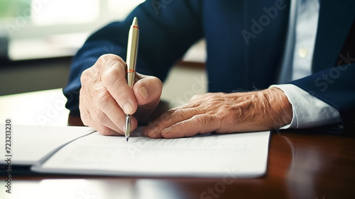 Cropped shot of senior old man elderly signing last will and testament. photo