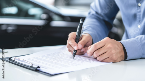 Car dealer businessman signing car insurance document or lease paper. Planning to manage transportation finance costs. 