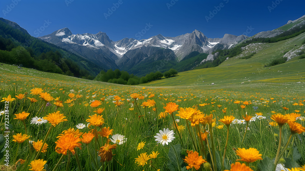 Wildflower meadow with mountain backdrop under blue sky Wildflower meadow with mountain backdrop under blue sky