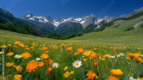Wildflower meadow with mountain backdrop under blue sky