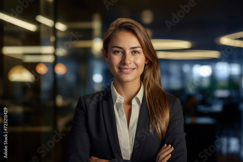 Beautiful lady in business attire smiling in the city office smiling happily and confidently