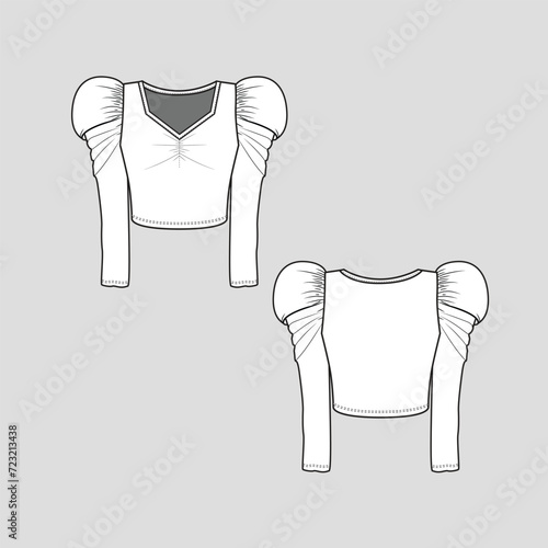 Leg of Mutton Sleeve Crop  top V Neck Ruched detail puff Gathering Long Sleeve cropped fashion T shirt blouse flat sketch technical drawing template design vector