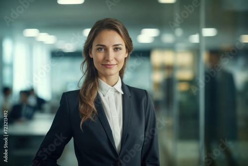 Beautiful lady in business attire smiling in the city office smiling happily and confidently