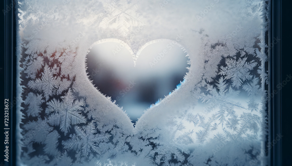 The heart is delicately traced on the window glass revealing the frost patterns around it.