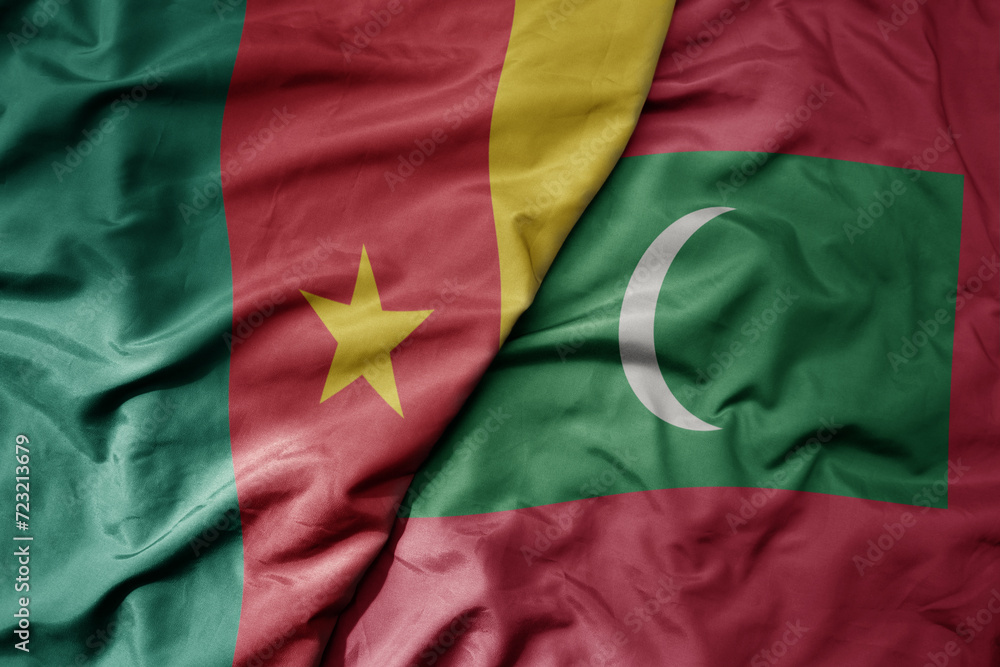 big waving national colorful flag of maldives and national flag of cameroon . big waving national colorful flag of maldives and national flag of cameroon .