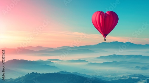 Gorgeous crimson hot air balloon heart silhouette in a sunny vibrant dawn, with misty mountains in the distance. Valentine's Day getaway with a sporty and leisurely vibe.