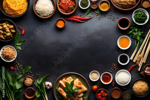 Asian food background with various ingredients on rustic stone background , top view. Vietnam or Thai cuisine with copyspace