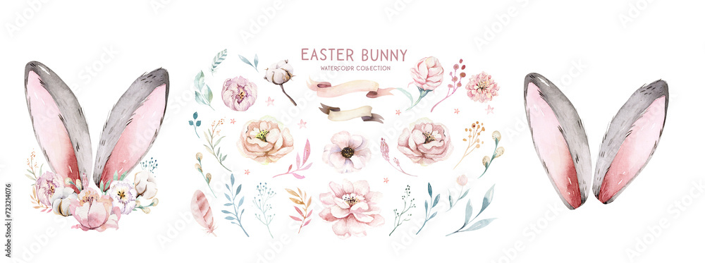 Watercolor illustration of easter bunny ears with flower. Easter, rabbit, hare, child's drawing for postcard, invitation, funny Easter card - obrazy, fototapety, plakaty 