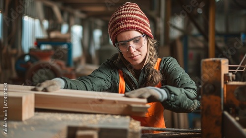 White artisan female operating wood cutting equipment in lumber mill.