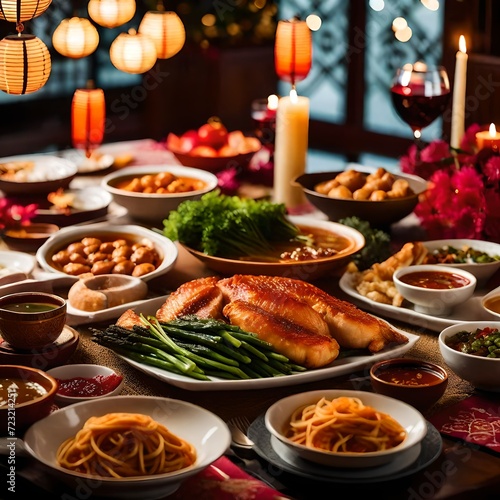 A Lunar New Year family reunion dinner, a warm and cozy atmosphere, delicious dishes on a well-set table, generations gathered