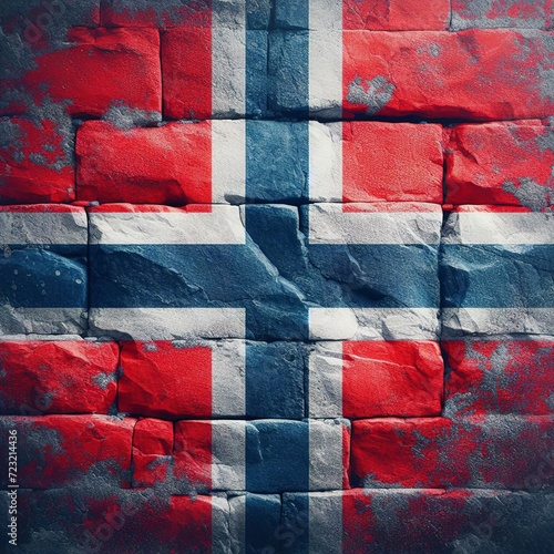 Norway flag overlay on old granite brick and cement wall texture for background use